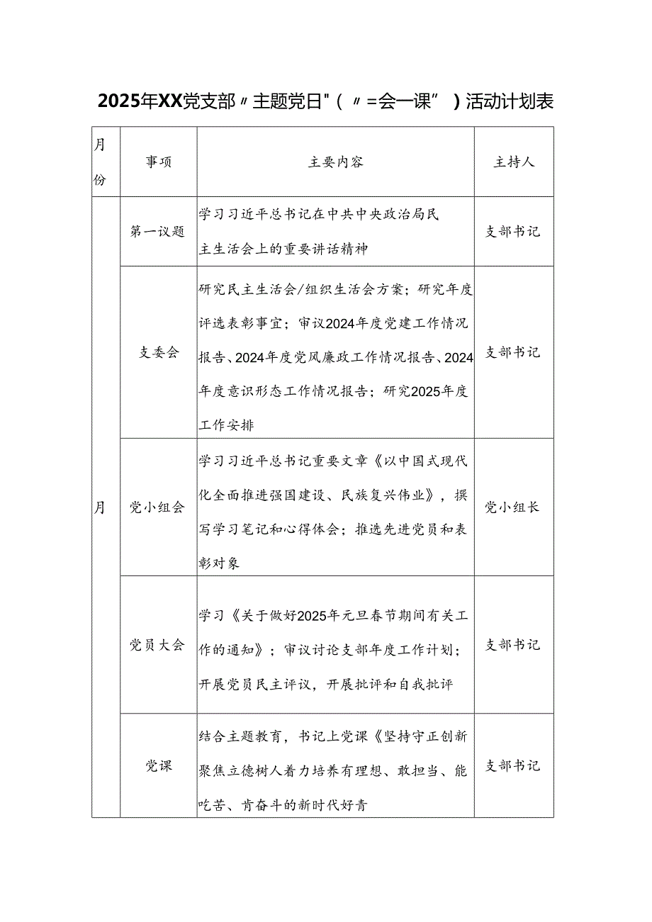 2025年XX党支部“主题党日”(“三会一课”）活动计划表.docx_第1页