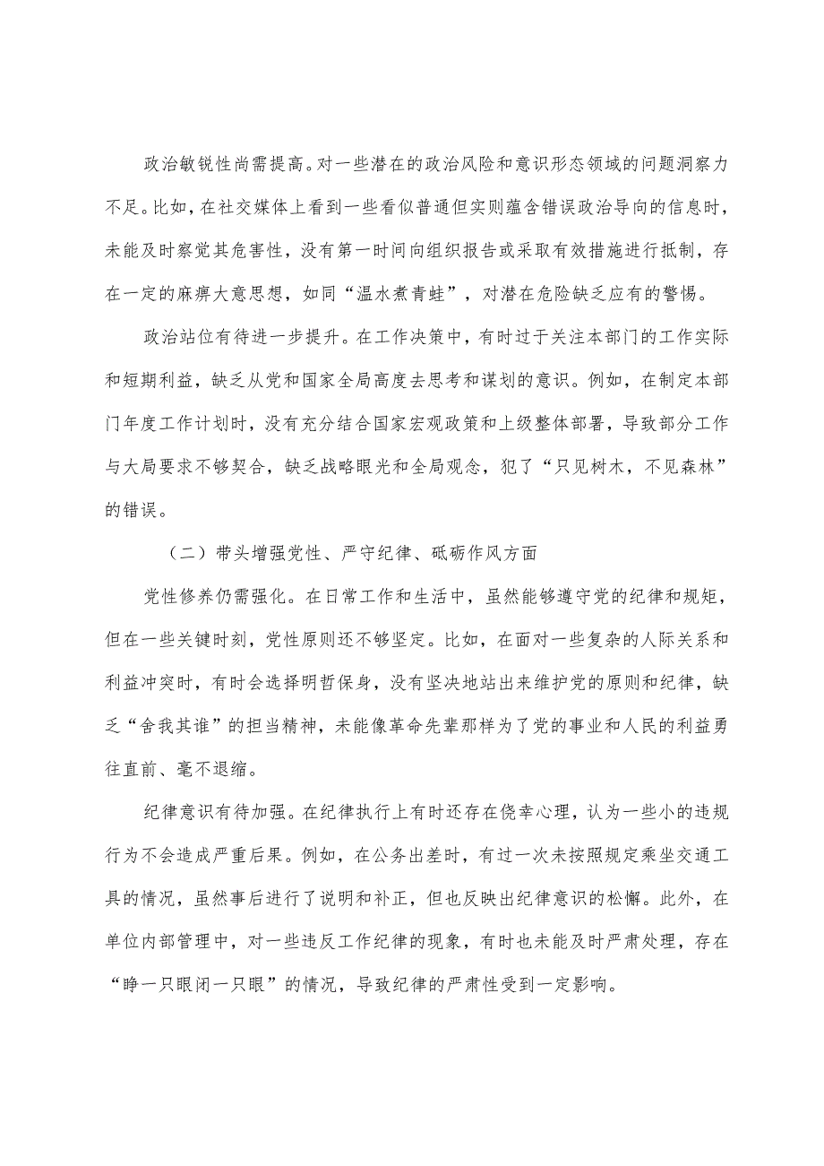2024专题民主生活会增强党性、严守纪律、砥砺作风方面等四个带头存在问题自我剖析对照检查材料.docx_第2页