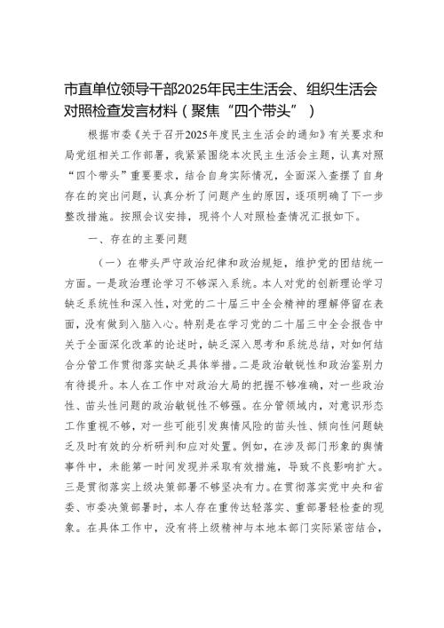 2025民主生活会对照检查材料精选两篇合辑（市直部门）(1).docx