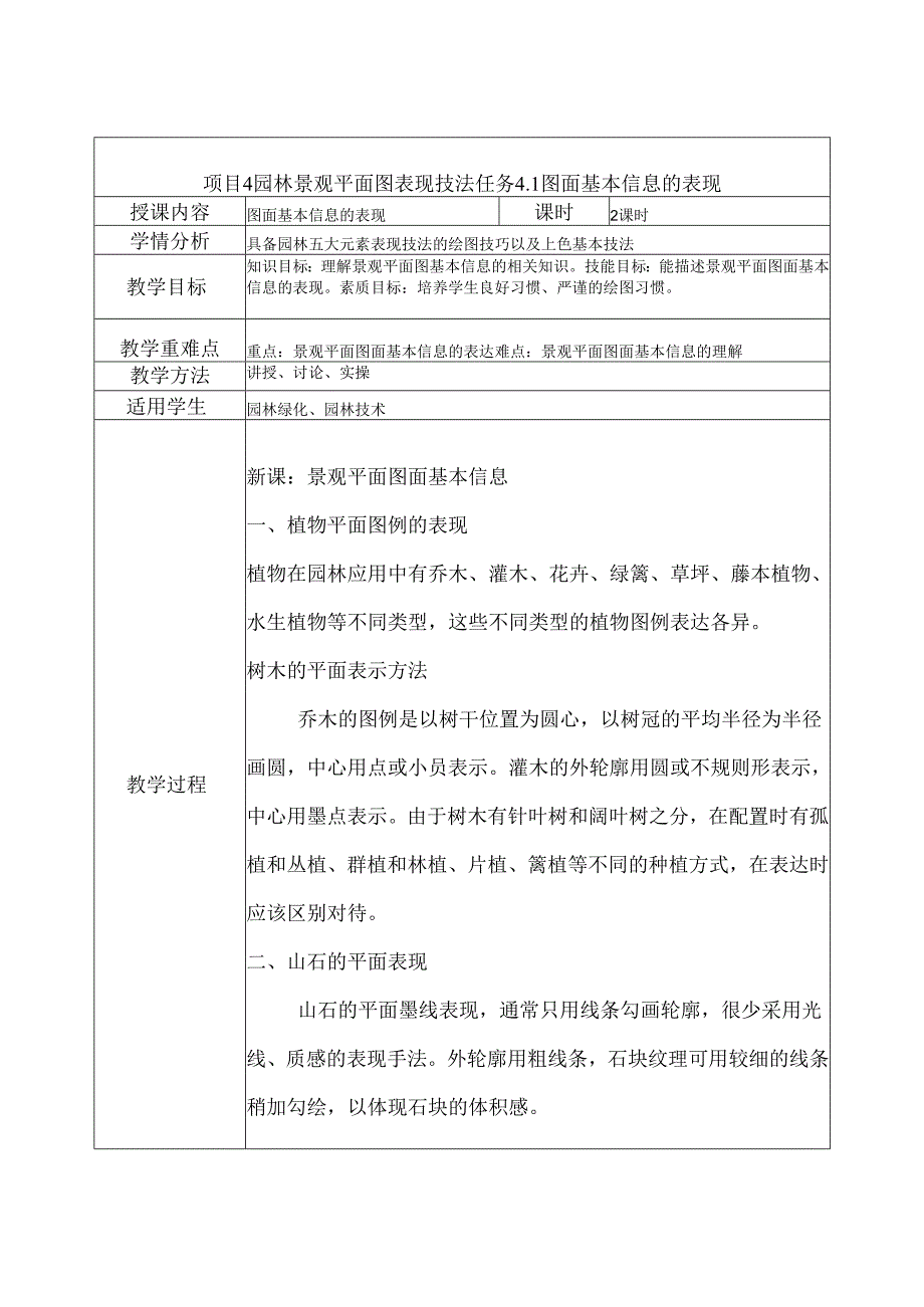 《园林景观手绘技法表现》教案——项目4园林景观平面图表现技法.docx_第1页