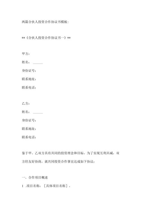 两篇合伙人投资合作协议书模板(1).docx