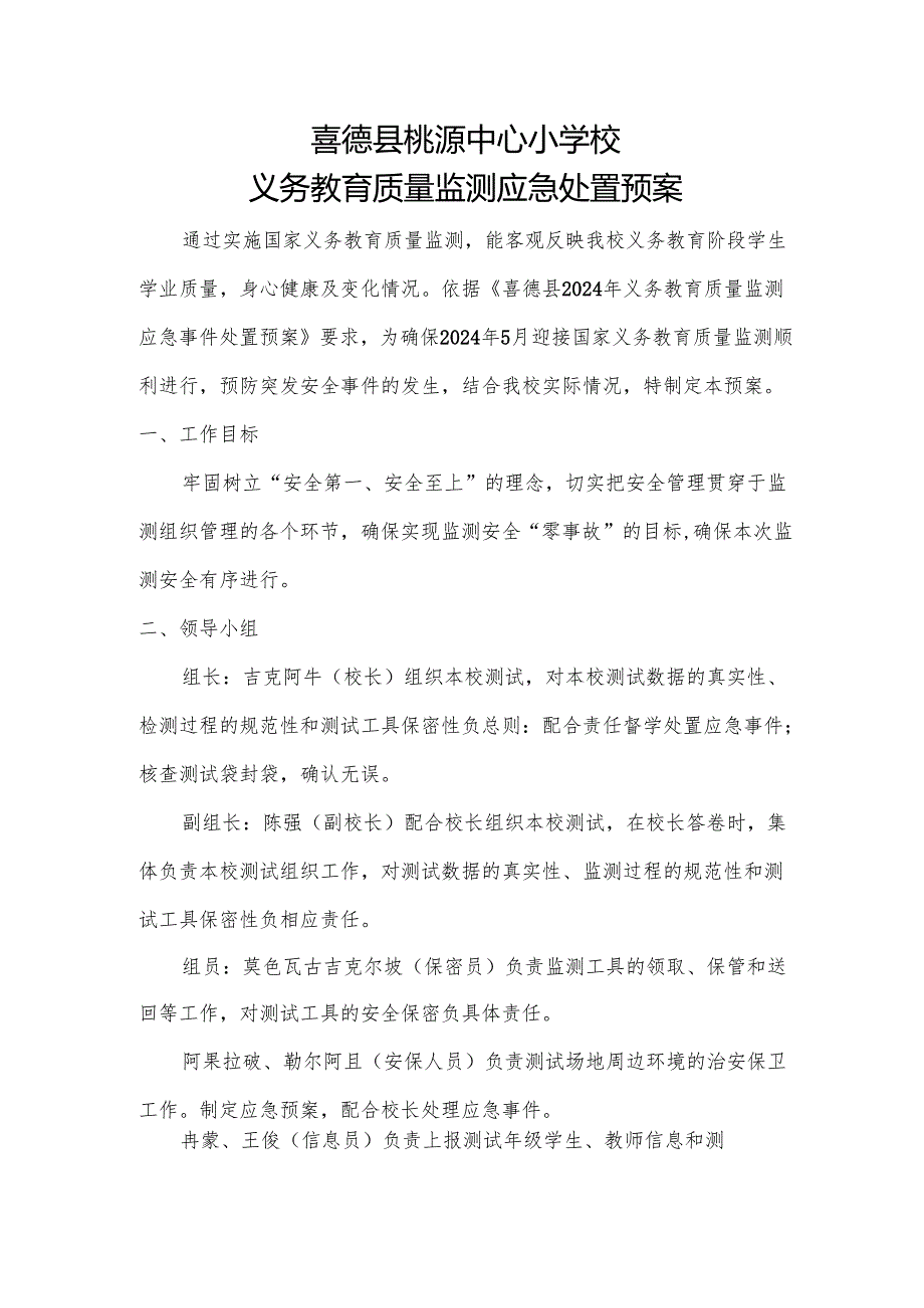 喜德县桃源中心小学校质量监测应急预案.docx_第1页