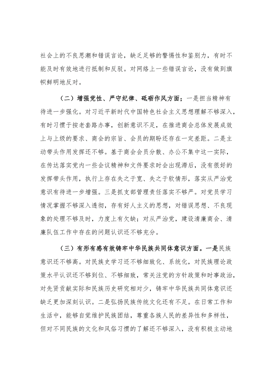 有形有感有效铸牢中华民族共同体意识五个方面20242025民主组织生活会个人对照检视剖析检查材料2篇.docx_第3页