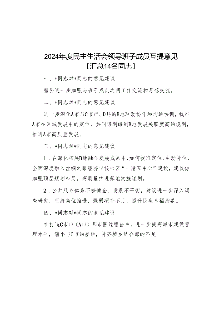 2024民主生活会领导班子成员互提意见（汇总14名同志）.docx_第1页