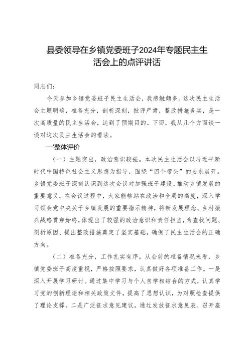 组织生活：2024“四个带头”民主生活会：605县委领导在乡镇党委班子民主生活会上的点评讲话.docx