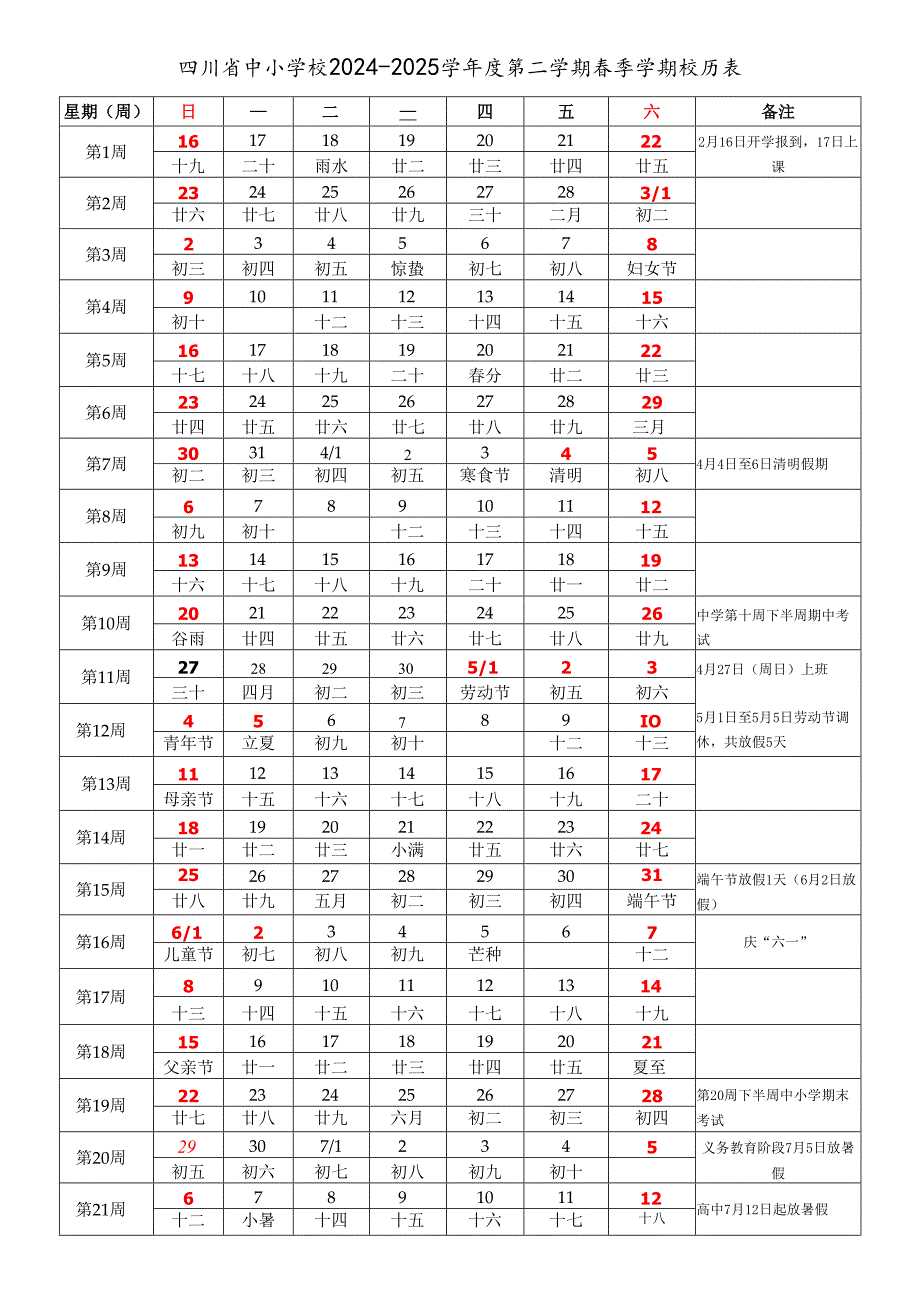 四川省成都自贡攀枝花泸州德阳绵阳广元遂宁内江乐山南充眉山宜宾广安达州雅安巴中资阳市中小学校20242025学第二学期季学期校历表.docx_第1页
