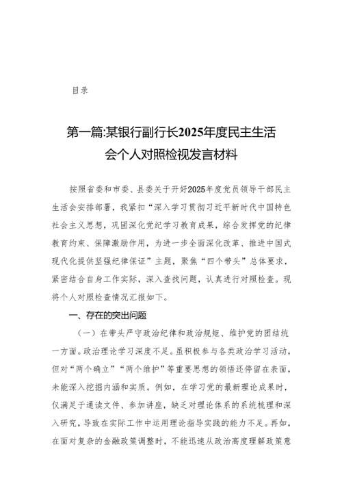 某银行副行长2025民主生活会个人对照检视发言材料19篇.docx