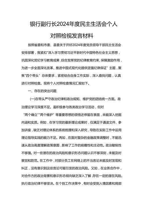 银行副行长2024民主生活会个人对照检视发言材料.docx