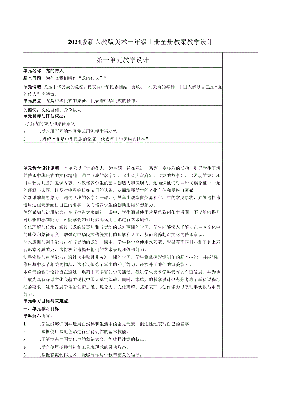 2024版新人教版美术一年级上册全册教案教学设计.docx_第1页