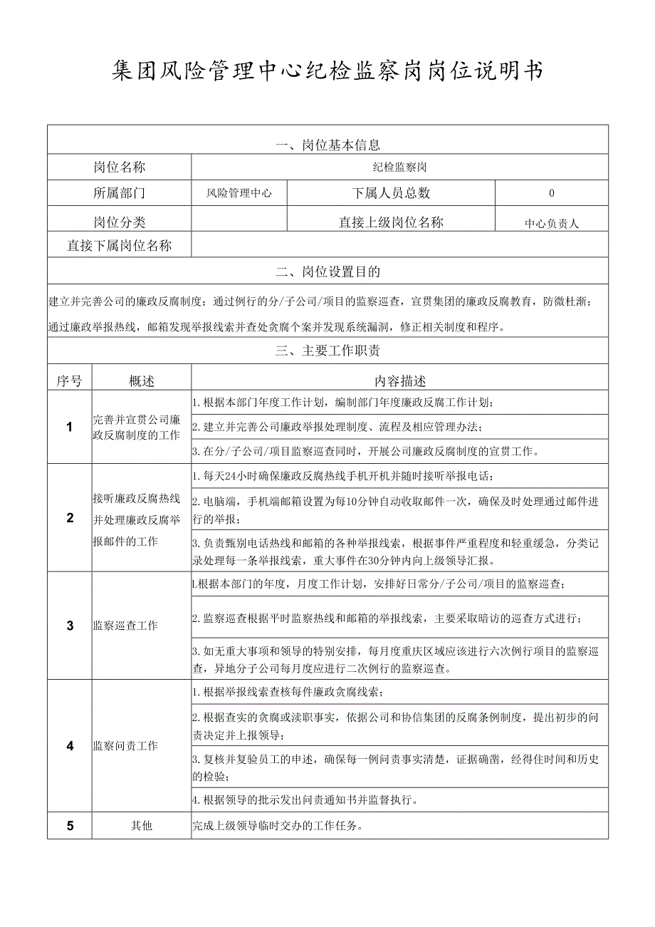 岗位说明书风险管理中心纪检监察岗.docx_第1页