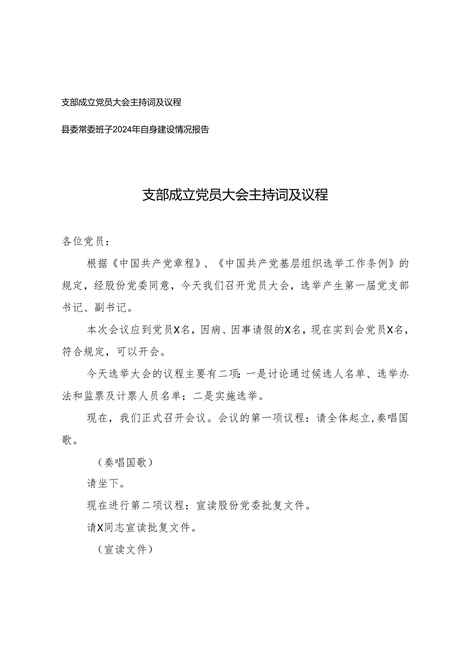 支部成立党员大会主持词及议程+县委常委班子2024年自身建设情况报告.docx_第1页
