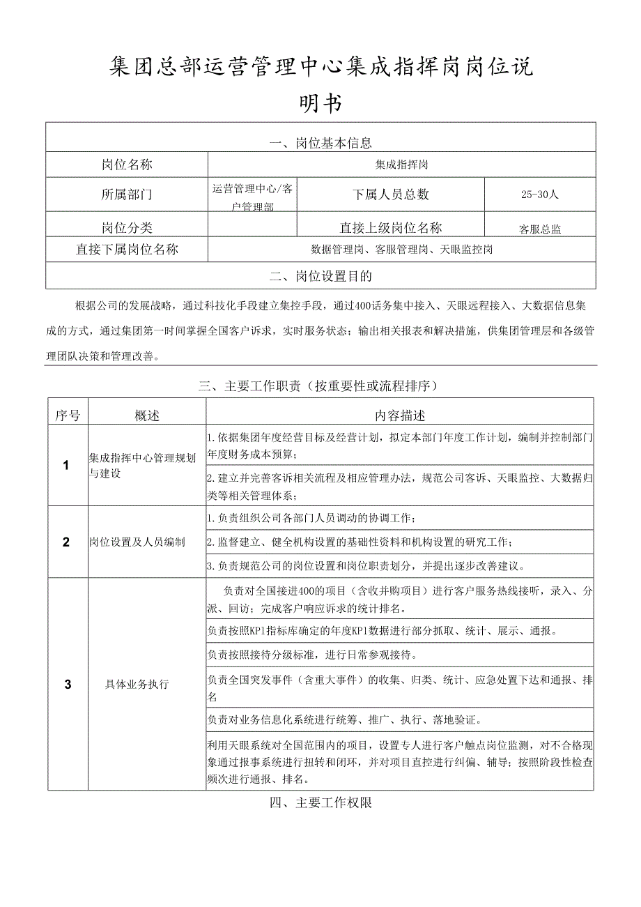 岗位说明书运营管理中心集成指挥岗.docx_第1页
