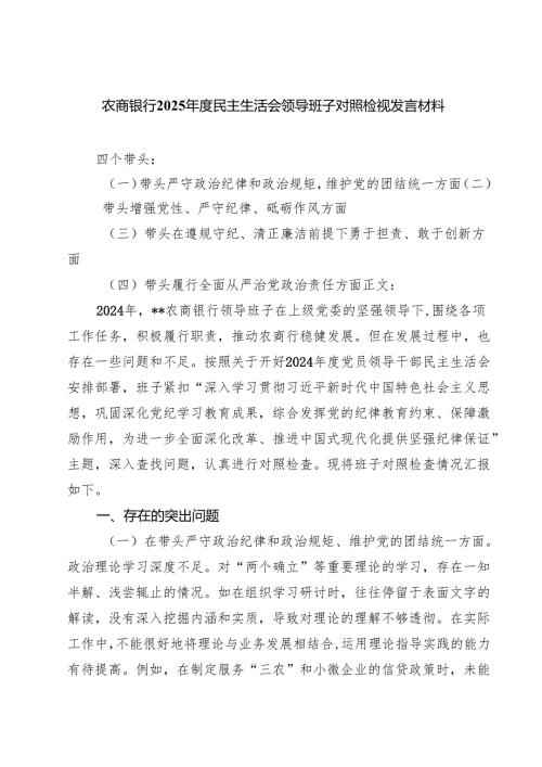 五篇农商银行2025民主生活会领导班子对照检视发言材料范文.docx