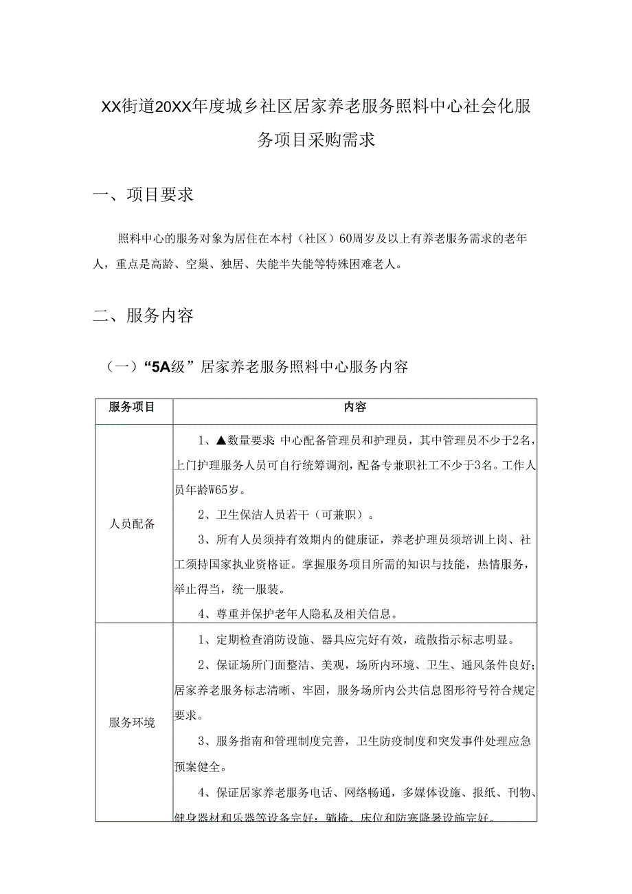 XX街道20XX城乡社区居家养老服务照料中心社会化服务项目采购需求.docx_第1页