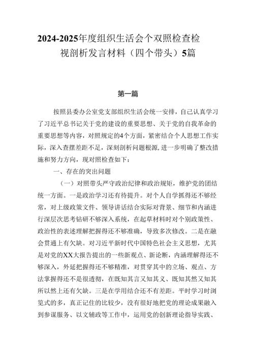 20242025组织生活会个人对照检查检视剖析发言材料（四个带头）5篇.docx