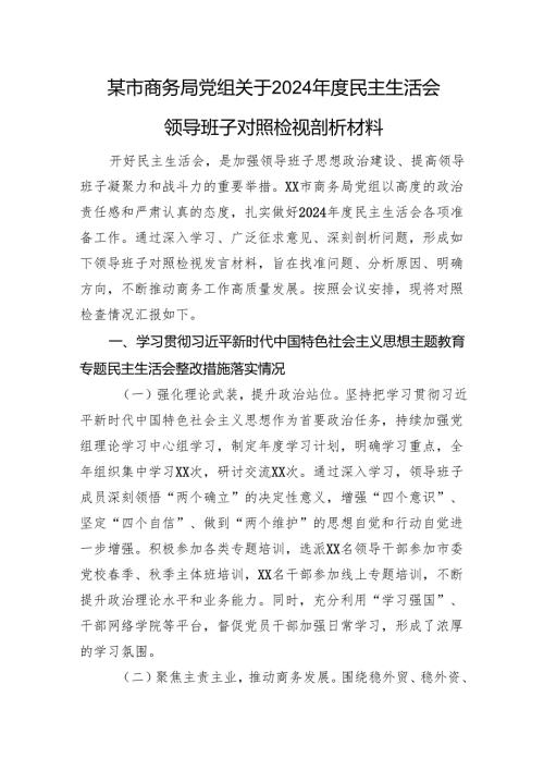 某市商务局党组关于2024民主生活会领导班子对照检视剖析材料 上年整改 四个带头 案例剖析.docx