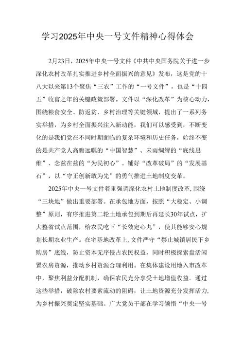 学习2025年中央一号文件精神心得体会 （汇编2份）.docx