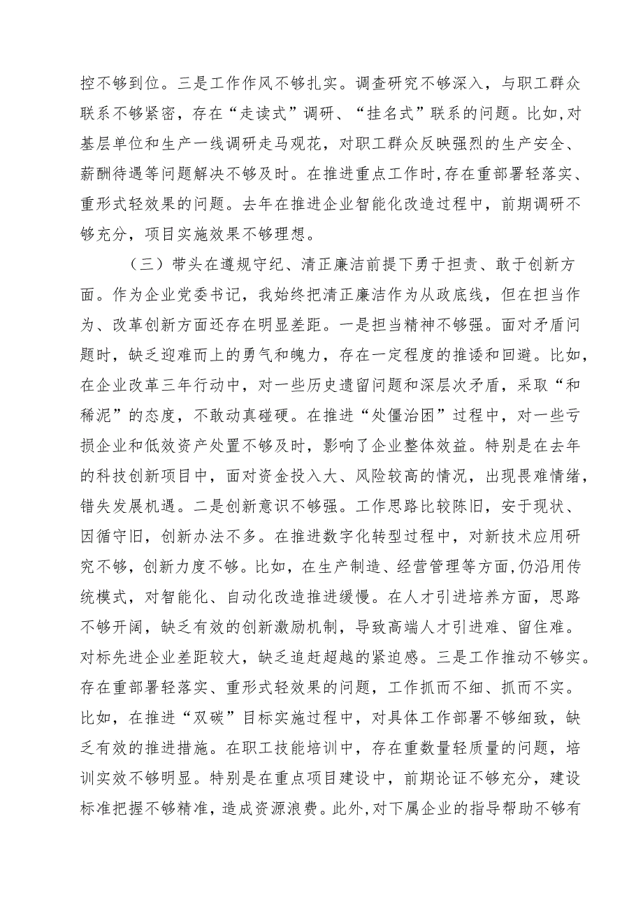 十篇国企党委书记2025年民主生活个人检查发言材料（四个带头）范文.docx_第3页