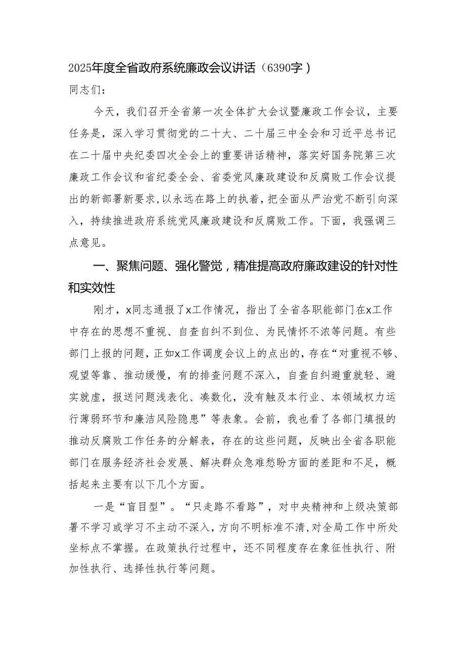 2025全省政府系统廉政会议讲话（6390字）.docx_第1页