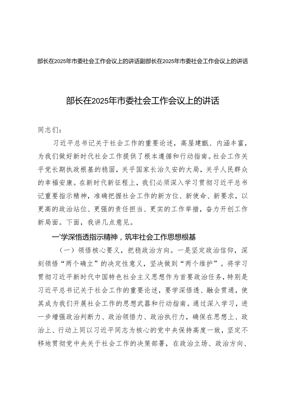 2篇 部长在2025年市委社会工作会议上的讲话.docx_第1页