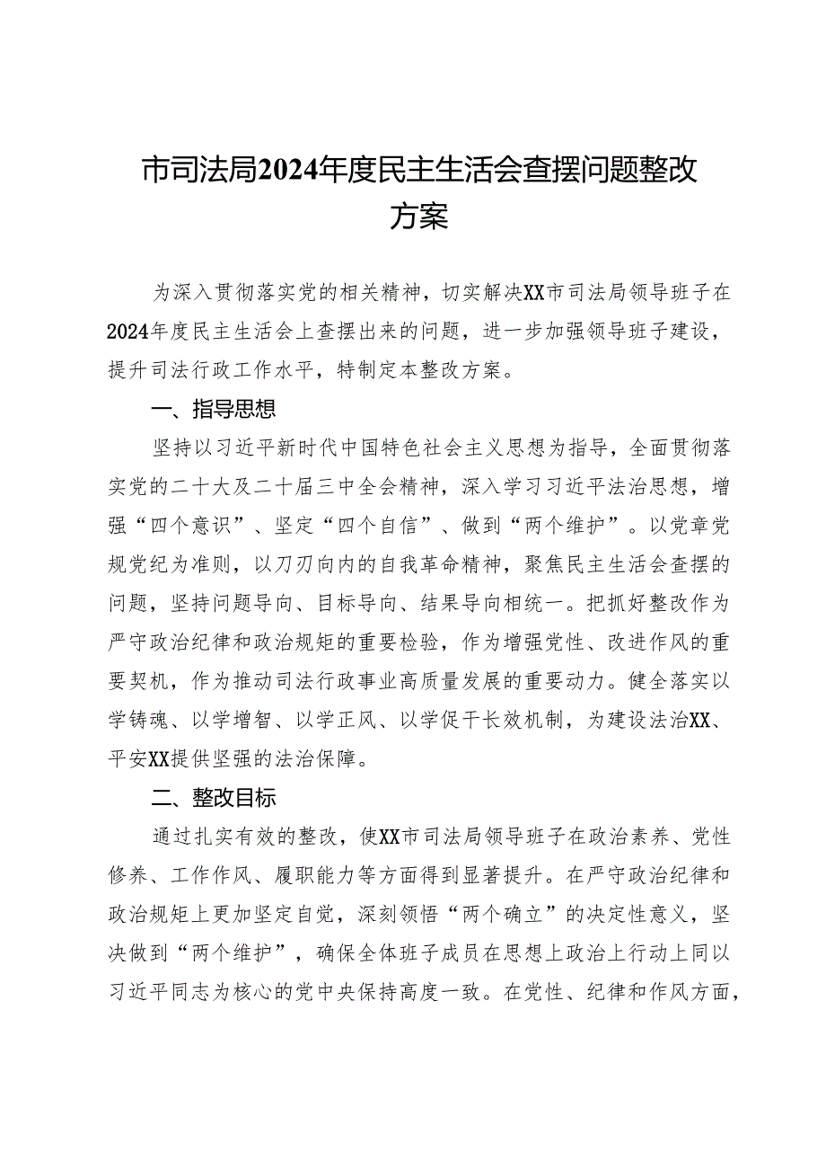 市司法局2024民主生活会查摆问题整改方案.docx_第1页