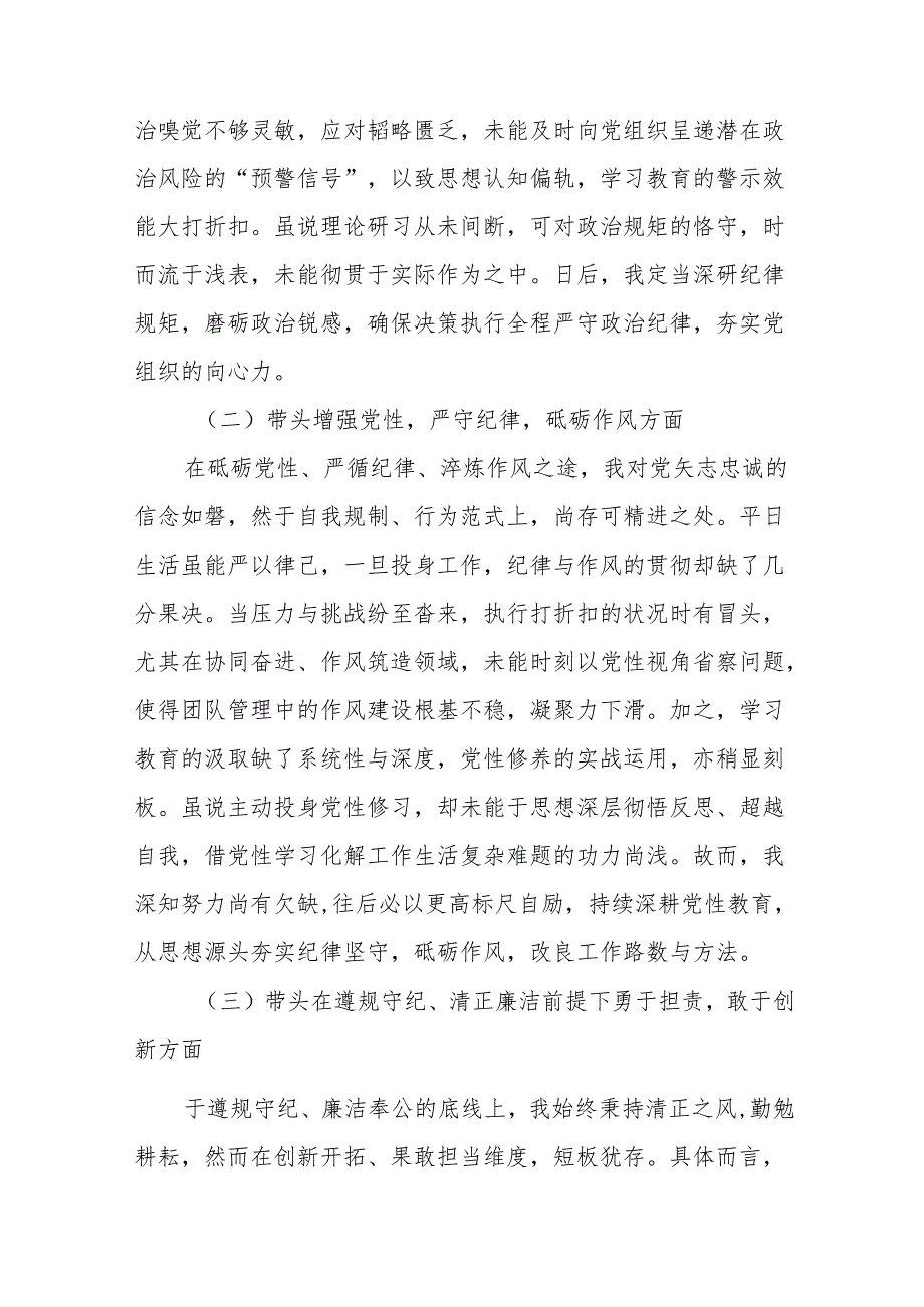 2024专题民主生活会对照检查剖析对照检查材料“在遵规守纪、清正廉洁前提下勇于担责、敢于创新方面”等“四个带头”问题查摆.docx_第2页