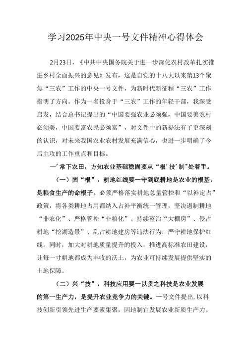 学习2025年《中央一号文件》精神心得体会 （汇编2份）.docx