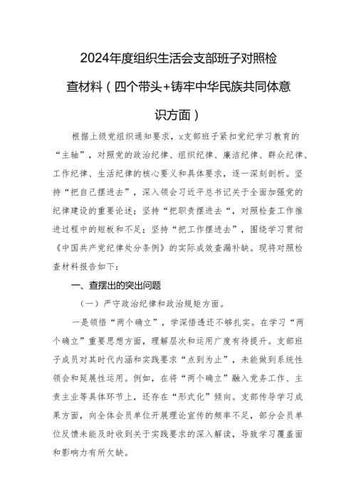 2024组织生活会支部班子对照检查材料（四个带头+铸牢中华民族共同体意识方面）.docx
