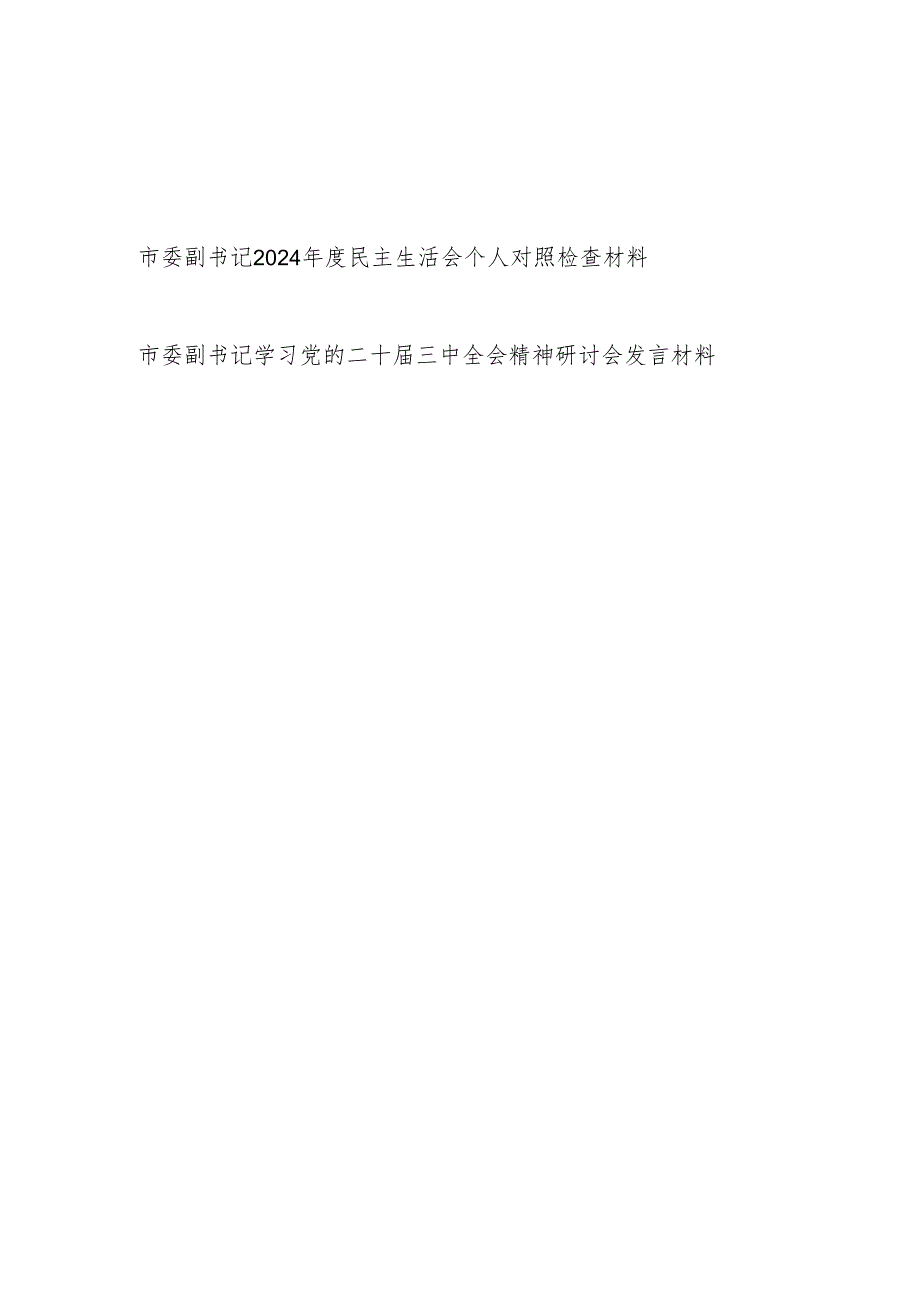 市委副书记2024民主生活会四个带头个人对照检查材料和二十三中全会精神研讨会发言材料.docx_第1页