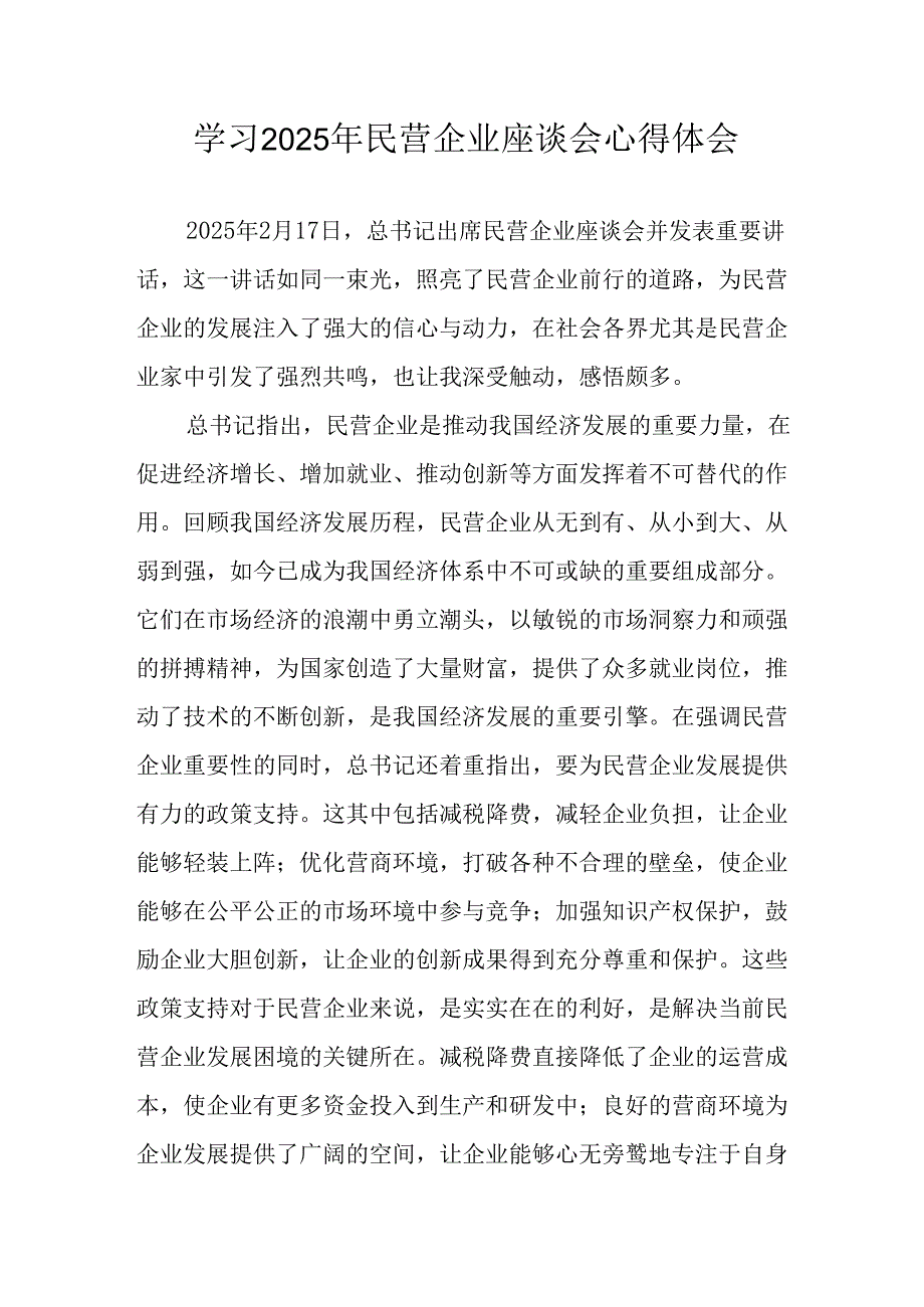 民营企业2025年学习民营企业座谈会个人心得感悟 汇编10份.docx_第1页
