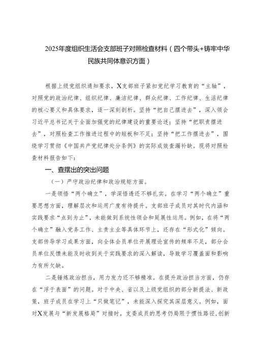 四篇 2025组织生活会支部班子对照检查材料（四个带头铸牢中华民族共同体意识方面）精选.docx
