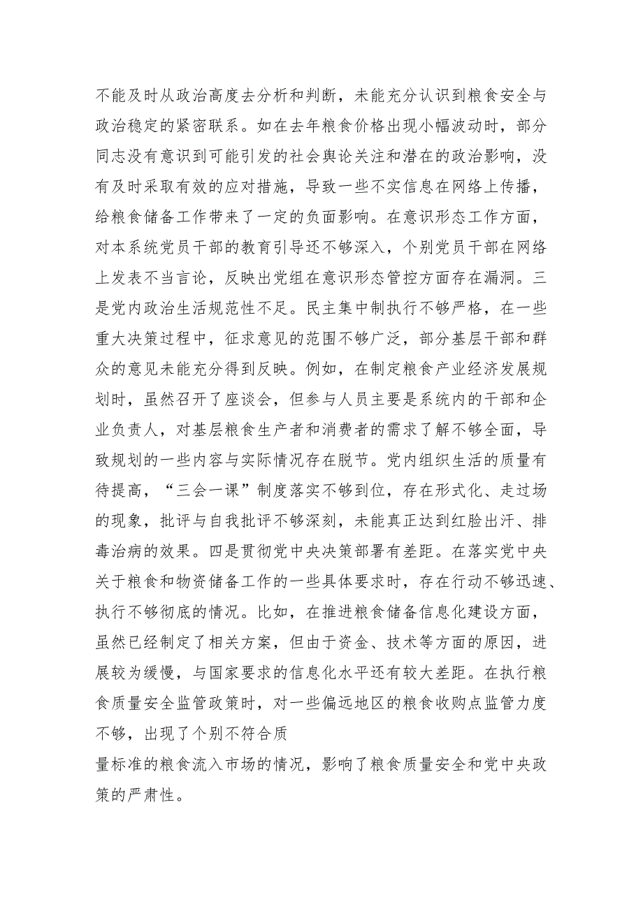 市粮食和物资储备局党组关于2024民主生活会领导班子对照检视剖析材料.docx_第3页