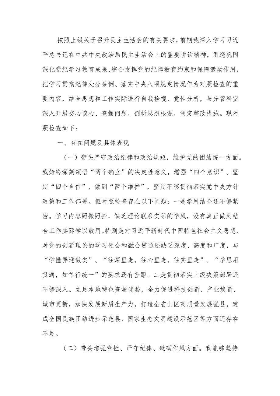 最新2024年县政府民主生活班子成员个人检查材料（四个带头）Word文档.docx_第1页
