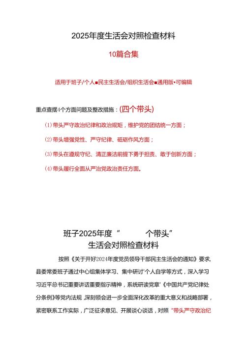 领导班子2025“四个带头”民主生活会个人对照检查材料10个.docx