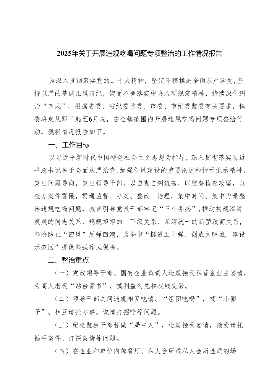 四篇 2025年关于开展违规吃喝问题专项整治的工作情况报告范文.docx_第1页