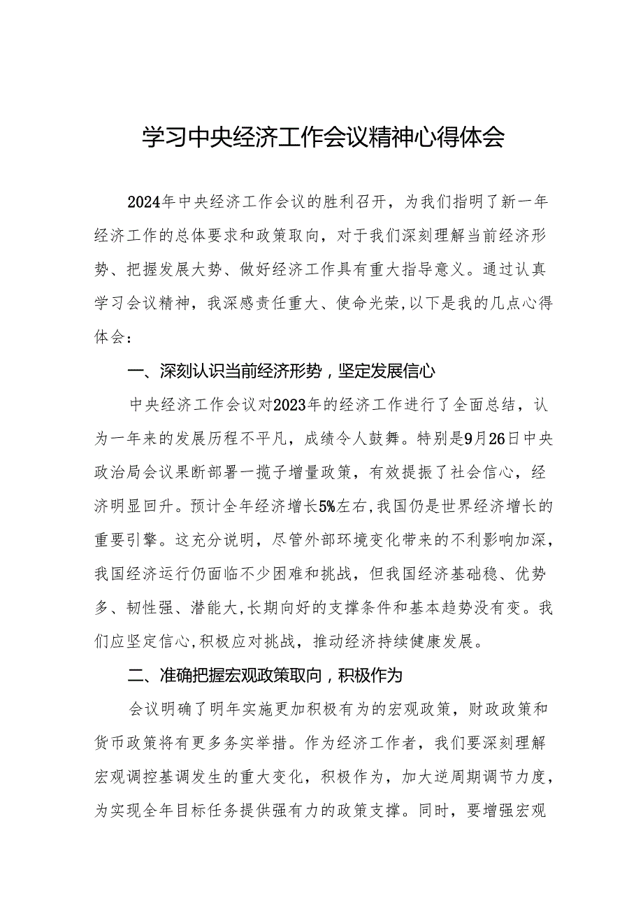 2024中央经济工作会议精神学习体会两篇.docx_第1页