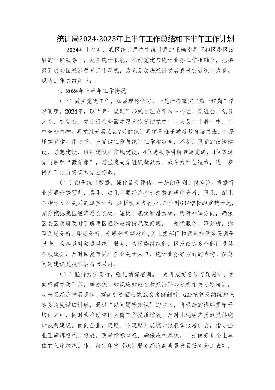统计局20242025年上半年工作总结和下半年工作计划.docx_第1页