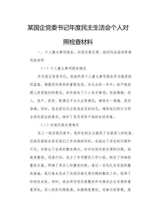 某国企党委书记民主生活会个人对照检查材料1.docx