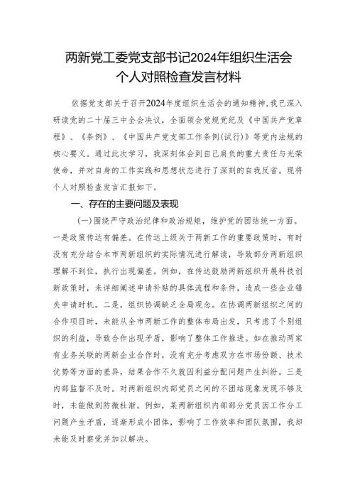 两新党工委党支部书记四个带头五个方面2024组织生活会个人对照检查发言材料.docx
