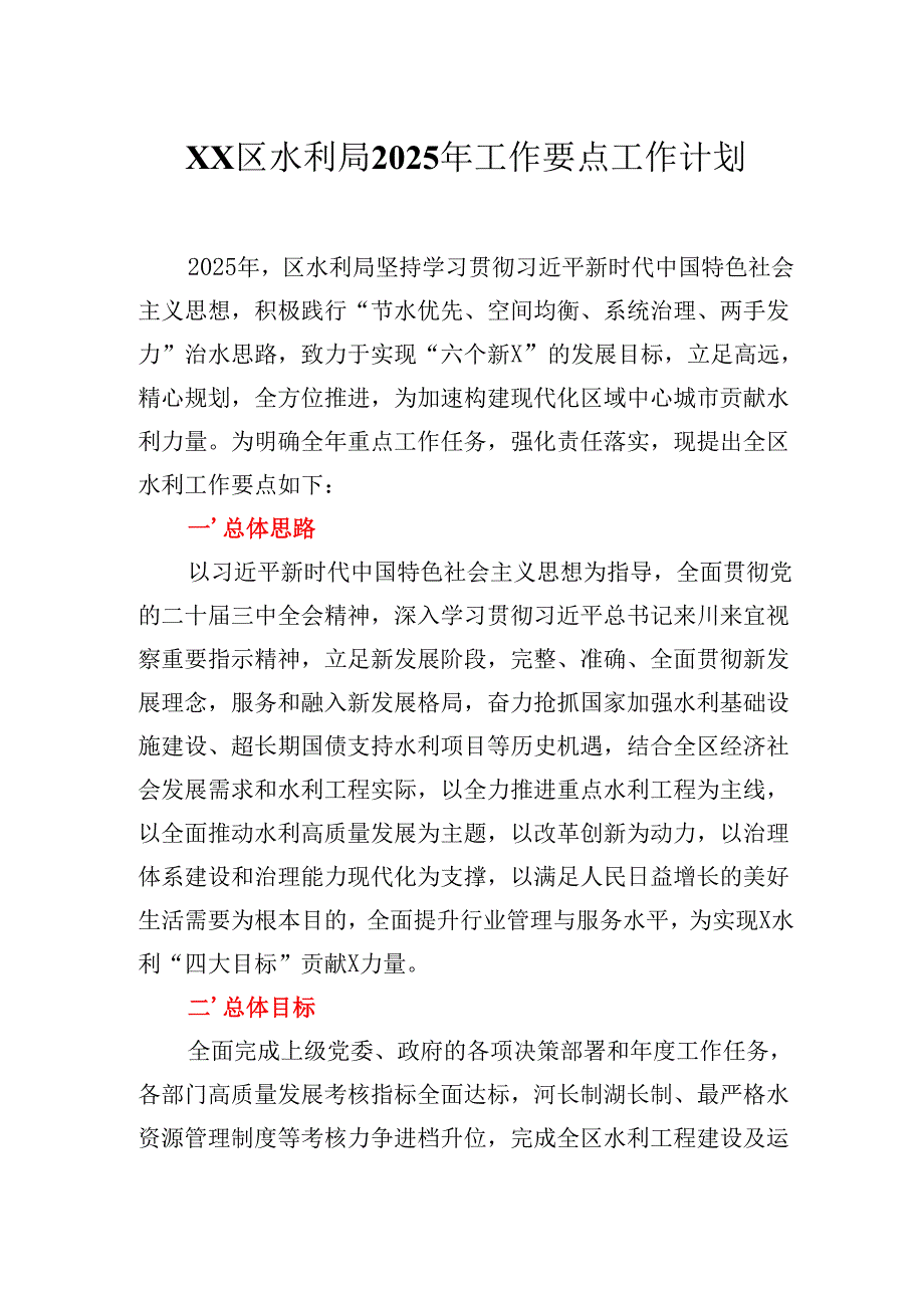 XX区水利局2025年工作要点工作计划.docx_第1页