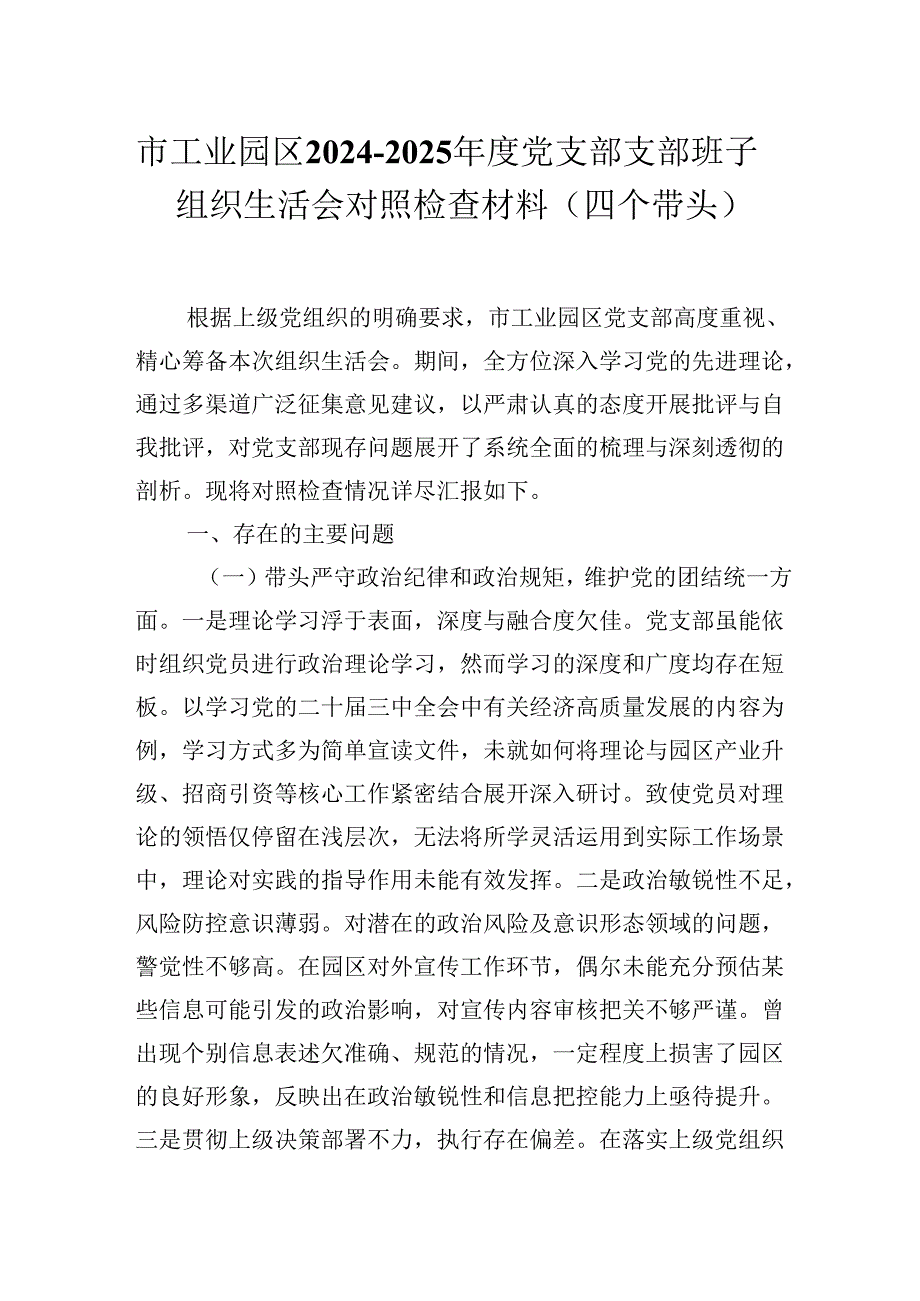 市工业园区20242025党支部支部班子组织生活会对照检查材料（四个带头）.docx_第1页