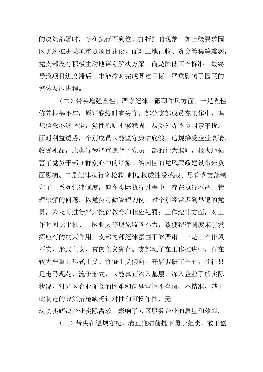 市工业园区20242025党支部支部班子组织生活会对照检查材料（四个带头）.docx_第2页