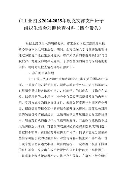 市工业园区20242025党支部支部班子组织生活会对照检查材料（四个带头）.docx
