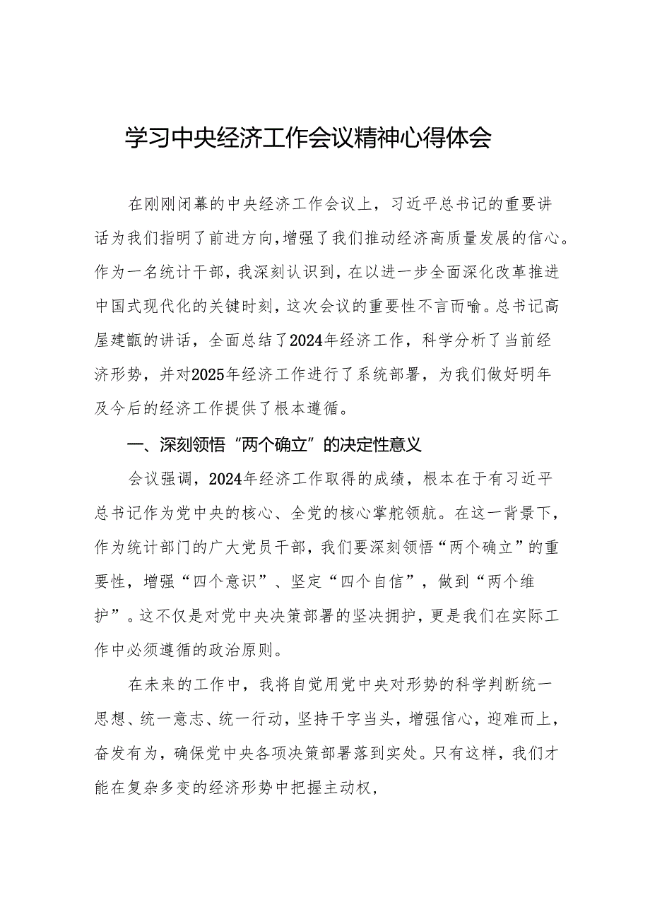 五篇统计干部学习贯彻2024年中央经济工作会议精神的心得体会.docx_第1页