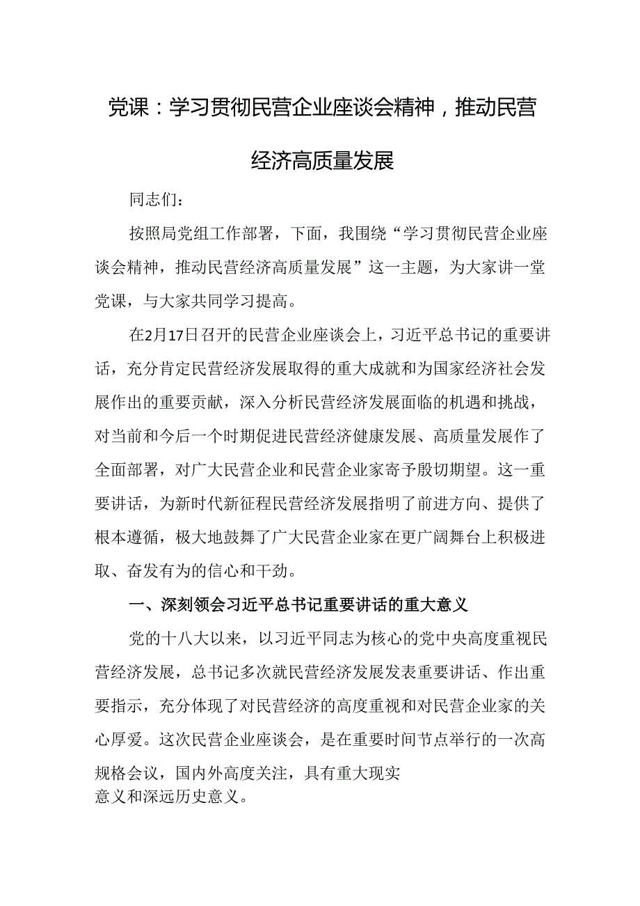 党课：学习贯彻民营企业座谈会精神推动民营经济高质量发展(1).docx_第1页