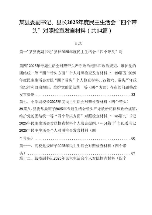 某县委副书记、县长2025民主生活会“四个带头”对照检查发言材料14篇（精选）.docx