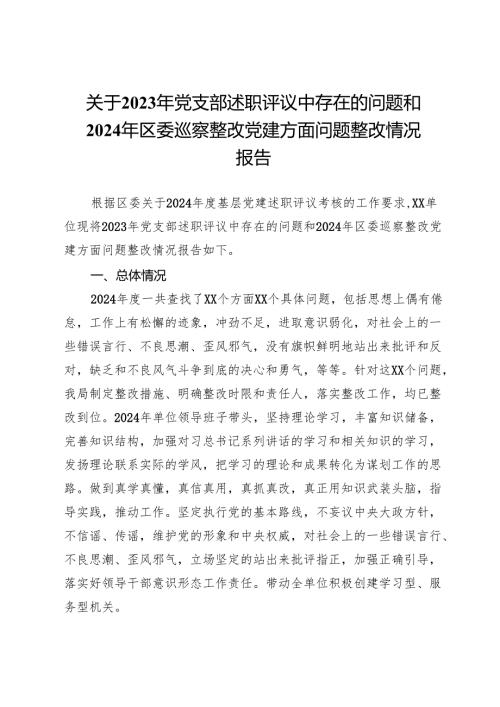关于2023年党支部述职评议中存在的问题和2024年区委巡察整改党建方面问题整改情况报告.docx