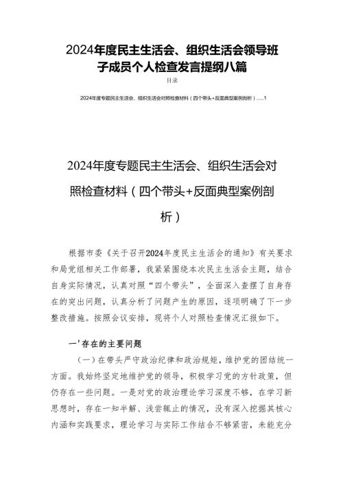 2024民主生活、组织生活领导班子成员个人检查发言提纲八篇.docx