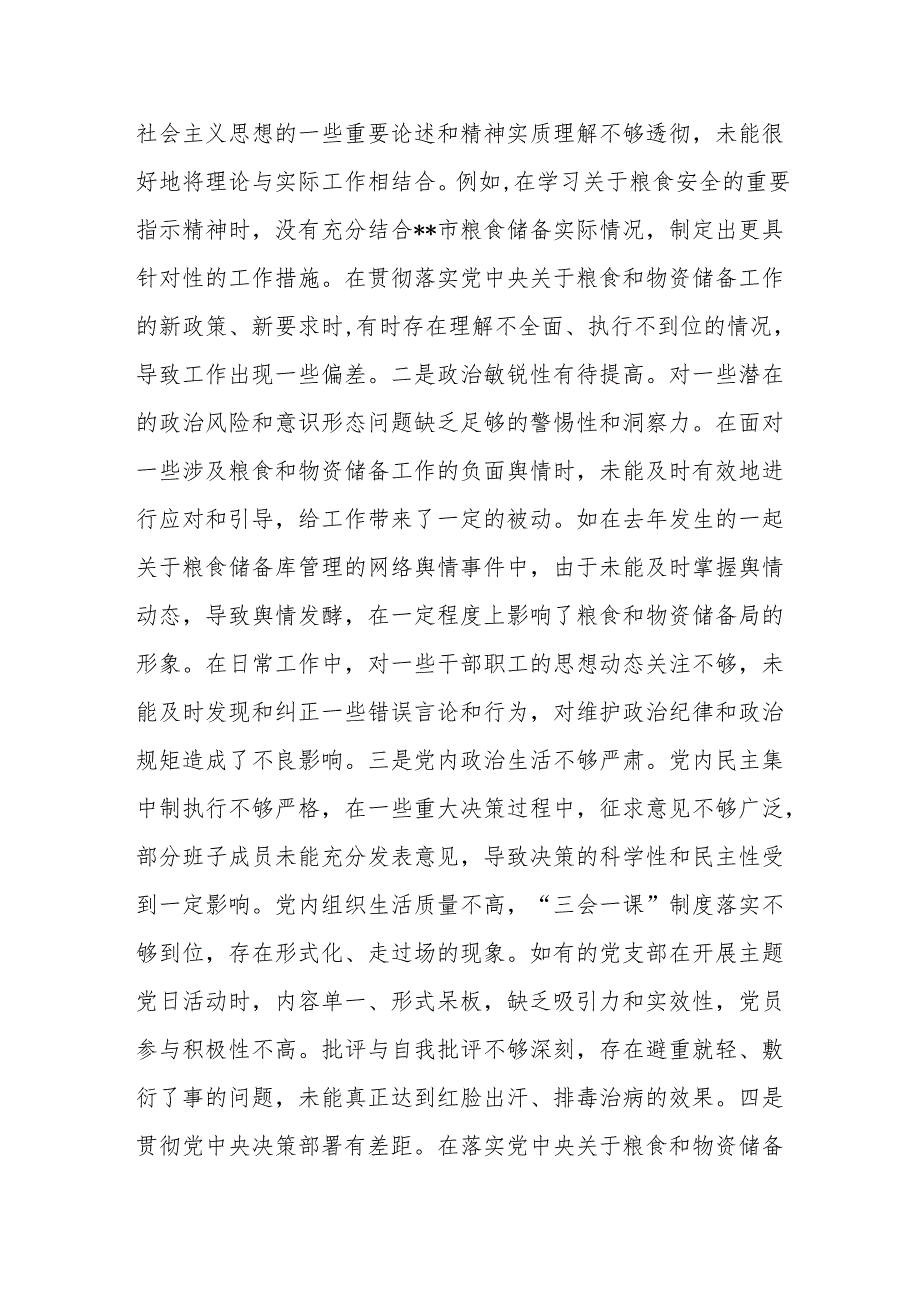 市粮食和物资储备局党组领导班子关于2024民主生活会对照检视剖析材料（四个带头+典型案例剖析）.docx_第3页