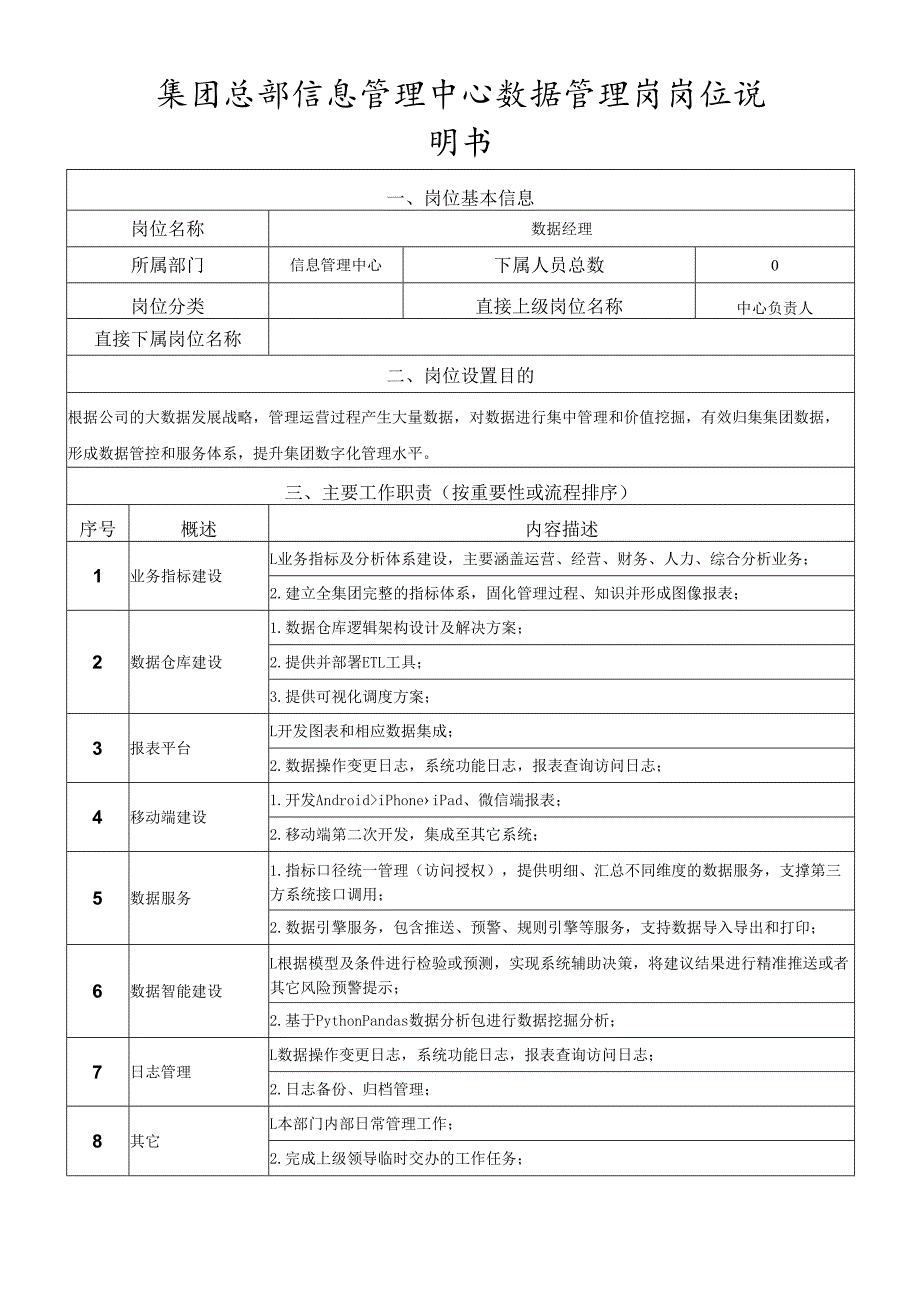 岗位说明书信息管理中心数据管理岗.docx_第1页